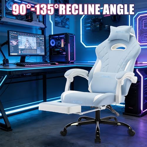 Gaming Chair with Footrest and Massage Lumbar Support, Ergonomic Computer Gamer Chair, Office Video Game Chairs (Cyan White)