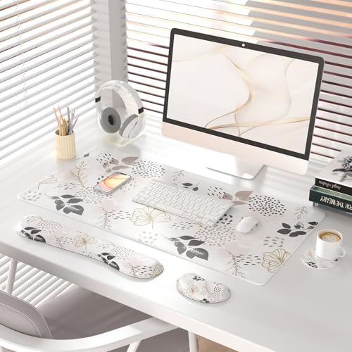 QiyI PU Leather Desk Mat Set, 4-in-1 Ergonomic Wrist Rest, Botanical Leaf