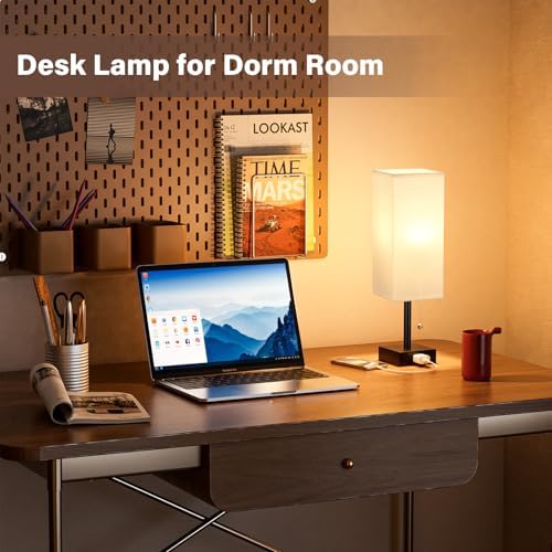 White Bedside Lamps for Bedroom Set of 2 - Small Rectangular Nightstand Lamp with AC Outlet Charging Port, 3 Color Temperatures Desk Light with Bulb, Tabletop Reading Lamp for Living Room/Dorm/Office