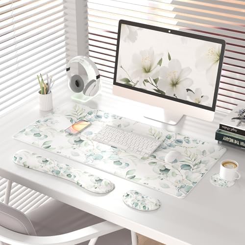 QiyI PU Leather Desk Mat Set, 4-in-1 Ergonomic Wrist Rest, Eucalyptus