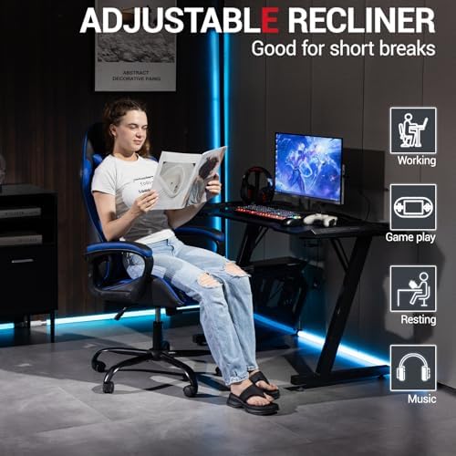 Massage Gaming Chair, Ergonomic PC Desk Chair with Headrest and Massage Lumbar Support, Video Game Chair w/Height Adjustable High Back for Home Office, Blue
