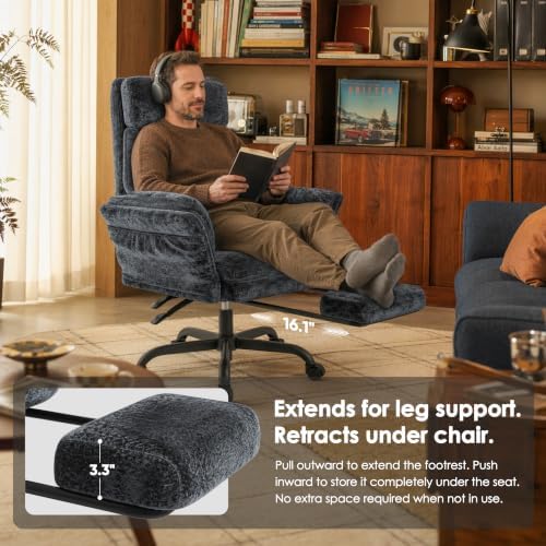 ELABEST C57 Ergonomic Reclining Office Chair with Footrest,Velvet Desk Chairs with 6-Stage Adjustable Wing Armrests for Cross Legged Sitting, Pet-Friendly High Back Lounge Gaming Chair for Home Office