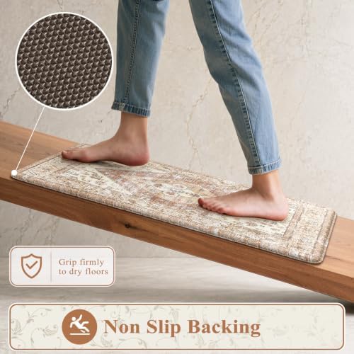 KIMODE Farmhouse Kitchen Mats Cushioned Anti Fatigue Khaki Kitchen Rugs 2Pc