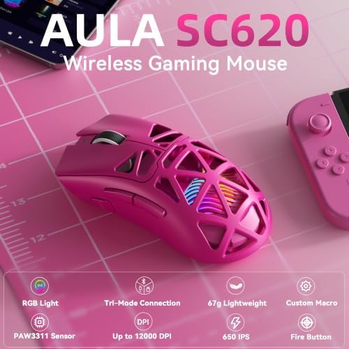 Aula SC620 Wireless Gaming Mouse, Tri-Mode 2.4GHz/USB-C/BT5.3 Computer Mouse with 12000 DPI, Programmable Macro Gamer Mouse with Rapid Fire Key, RGB Light Gaming Mice for PC/Laptop/Mac(Hot Pink)