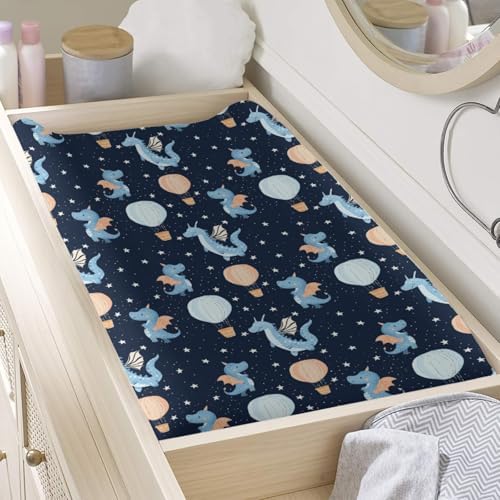 Cartoon Dragons Hot Air Balloons Stars Baby Changing Pad Cover,Unisex Dragon Nursery Diaper Changing Table Pad Mat Sheet for Boys Girls-16x32