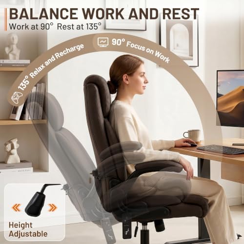 Heated Office Chair, Reclining Desk Chair with Constant Warm Heat, Big and Tall Executive PU Leather Chairs for Heavy People, Ergonomic Wider & Thicker Seat Cushion Gaming Chairs (Dark Brown)