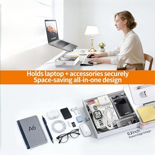Laptop Stand with Storage Drawer, Adjustable Laptop Riser for Desk, Silver