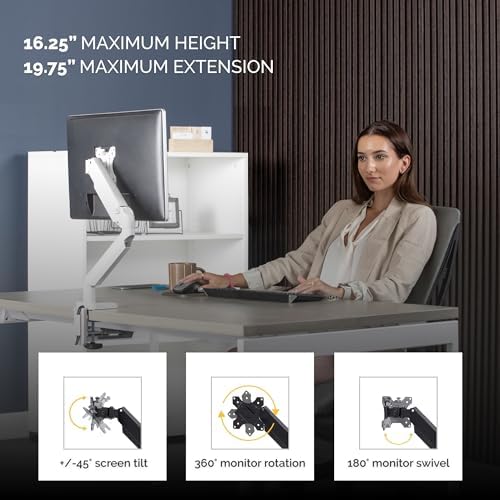 Fellowes Platinum Series Single Monitor Arm for 40-Inch Monitors, Full Motion, 360° Rotation, VESA Mount with Grommet or Clamp, USB Ports, Ergonomic, White, 8056201