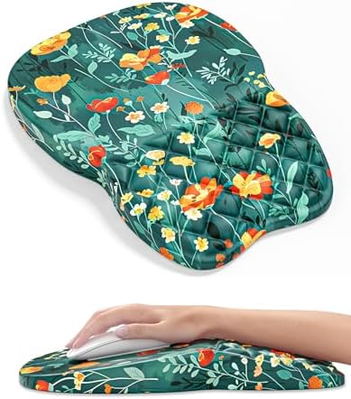 Auhoahsil Ergonomic Mouse Pad with Wrist Rest, Slope Computer Mouse Mat with Wrist Support, Memory Foam Filling, Non-Slip Silicone Base, Pain Relief, for Gaming & Work, 8 x 12 in, Green Flowers