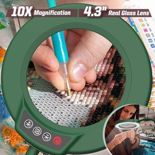 10X Magnifying Glass with Light and Stand, 5 Color Modes Stepless Dimmable LED Lighted Desk Lamp, Hands Free Flexible Gooseneck Magnifier with Light for Craft Hobby Painting Close Work - Green