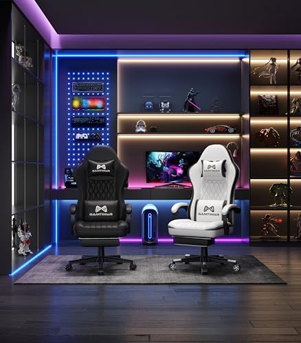Gaming Chair with Footrest, Ergonomic Computer Chair, PU Breathable Material with Headrest and Lumbar Support, Suitable for Silla Gamer and Adults(Black)