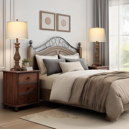 Cinkeda 29" Tall Farmhouse Table Lamp for Living Room Set of 2,Vintage Retro Nightstand Lamps with USB C+A Ports & AC Outlet,3-Way Dimmable Touch Bedside Lamp for Bedroom Side Table,Brown