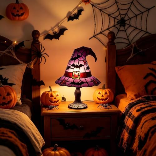 Stained Glass Witch Hat Lamp, Handcrafted Resin Halloween Witch Lamp (Orange)