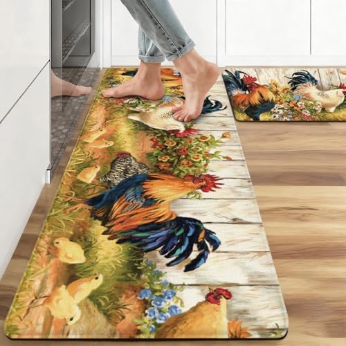 Rooster Kitchen Rugs and Mats Set of 2, 17.3"x47"+17.3"x29"