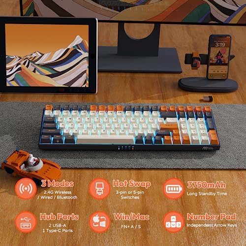 RK ROYAL KLUDGE RK100 Wireless Mechanical Keyboard RGB Backlit Bluetooth5.1/2.4G/Wired 96% Full Size 100-Key Hot Swappable Gaming Keyboard Blue Switch Carbon