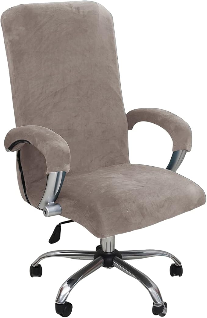 Velvet Plush Ergonomic Comfortable Office Chair Cover - Cat Proof Stretchable Protector for Mesh Office Desk Chair with Wheels and Armrest - Comfy Executive Office Chair for Adults, Khaki, XL