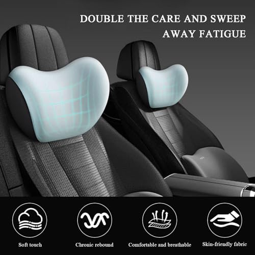 2 PCS Car Headrest Cushion, Ergonomic Memory Foam Car Neck Back Support w/Removable Cover, Universal Breathable Lumbar Cushion Headrest Pillow with Adjusatble Strap (Sky Blue)