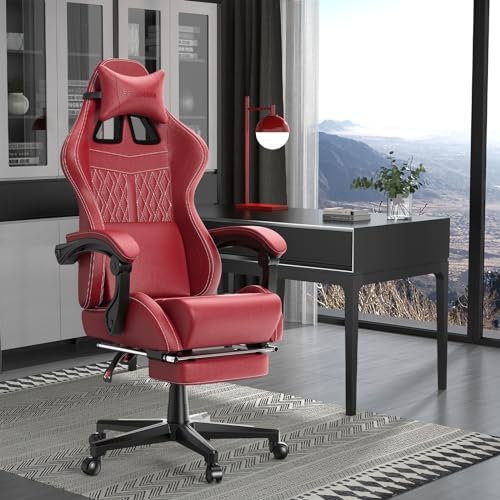 Ferghana Vintage PU Leather Gaming Chair, High Back Gamer Chair with Massage, Ergonomic Computer Office Chair with Footrest for Adults, Racing Style Reclining Video Game Chair Bright Red
