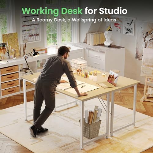 Huuger Computer Desk, 54 Inch Office Desk, Gaming Desk with Storage, Writing Desk Work Desk for Home Office, Study, Modern Simple Desk, Large Legroom, Metal Frame, Maple