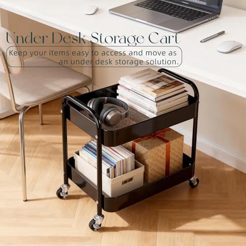 2 Tier Short Rolling Cart with Wheels for Under Desk Storage & Panrty Floor Organizer, Large Capacity Metal Kitchen Utility Cart, Sturdy Makeup Organizer for Small Space with 4 Hooks, Black