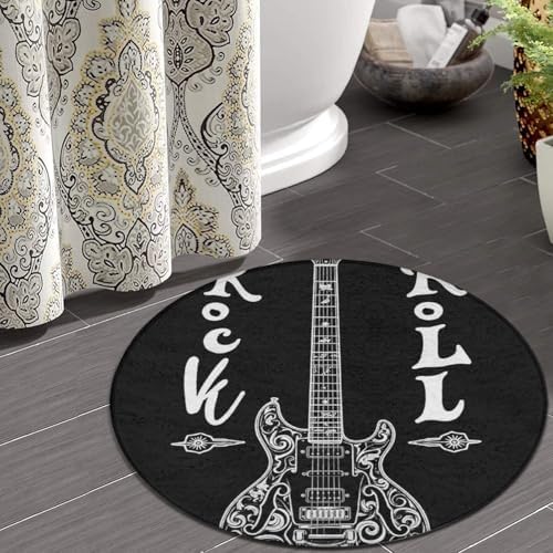 Large Home Decor Mat, Soft Round Yoga Carpet, Non Slip Machine Washable Home Office Circle Rug Rock and Roll Musical Instruments Music Guitar