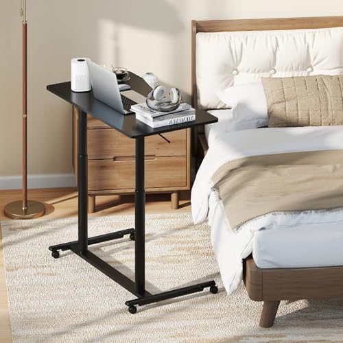 Tangkula Mobile Standing Desk, C-Shaped Sit Stand Desk with Adjustable Height, Lockable Wheels & Metal Frame, Rolling Laptop Desk, Portable Computer Workstation for Small Space (Black)