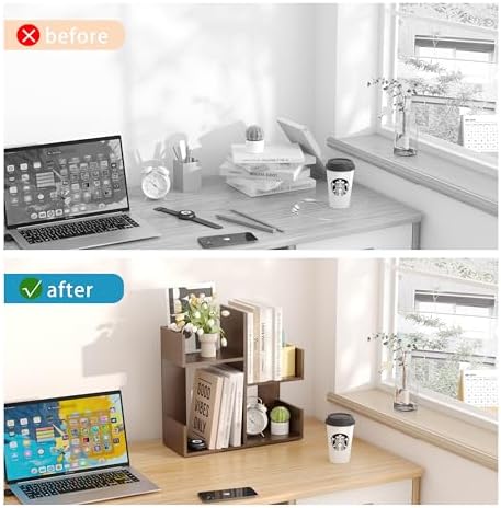 Modern 2-Tier Desk Bookshelf, Short Book Organizer, Display Shelf & Desktop Storage Rack, Space-Saving Desk Bookshelf for Books, Decor & Small Items, Brown