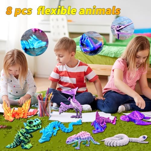 8pcs 3D Printed Dinosaur, Snake Turtle Pterosaur T-Rex Fidget Toys,Crystal Dragon Flying Dragon，Desk Executive Toy，Easter,Toys for Boys Kids Teen 5-7 4-6 8-12