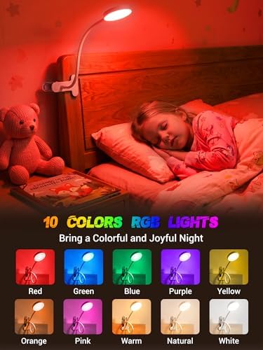 Clip on Light,10 Colors RGB Desk Lamp with Clamp,10 Dimmable Reading Lamp