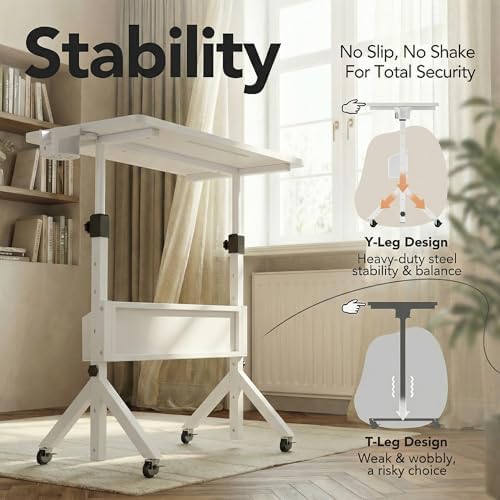 HUANUO Mobile Standing Desk with Wheels and Storage Basket, Height Adjustable 28.7"-46.1" Rolling Desk for Walking Pad, Small Space Laptop Computer Workstation for Home Office,White