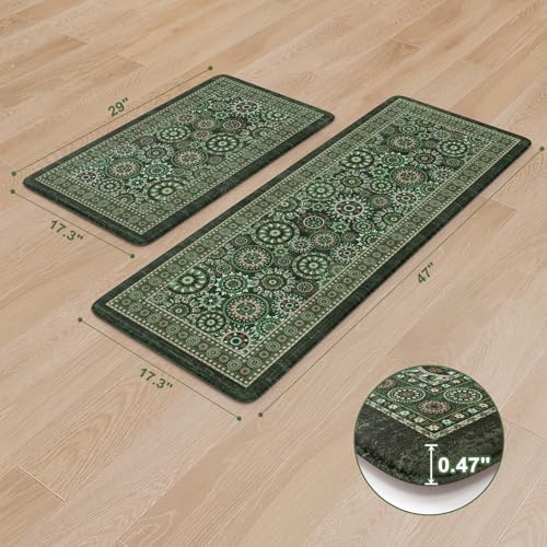 KIMODE Anti Fatigue Kitchen Mats for Floor 2 Piece, Green Boho Kitchen Rugs