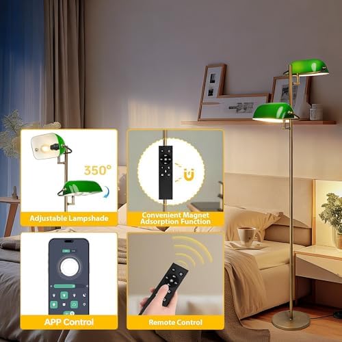 FIRVRE Bankers Floor Lamp for Living Room, Vintage Floor Lamp with Foot Switch,Remote Control Standing Lamp with Glass Lampshade, Antique Green Floor Light for Bedroom Office