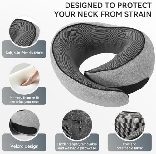SZXYX Travel Pillows - 100% Pure Memory Foam Neck Pillow for Airplanes, Comfortable Breathable Cover, 360° Support Stowable Pillows for Sleeping, Car, Airport Travel Essentials, Dark Gray