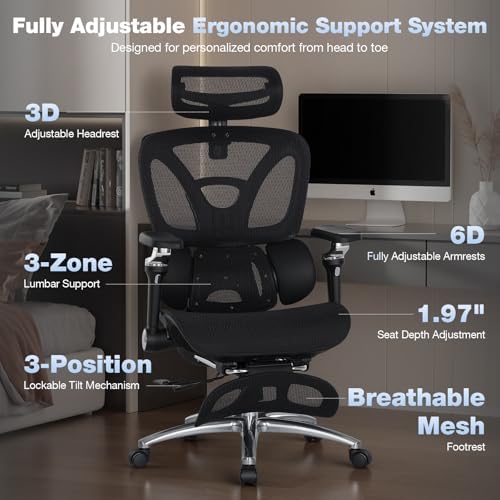 MALOL Ergonomic Office Chair, 400lbs High Back Mesh Desk Chair with 6D Armrests, 3D Headrest, Adjustable Lumbar Support, Seat Depth Adjustment, Tilt Lock, Metal Base & PU Wheels, Black