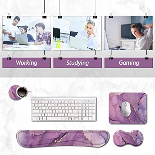 AIMSA Keyboard Wrist Rest Support + Mouse Pad + Mouse Wrist Rest + Coaster, Ergonomic Memory Foam Anti-Slip Rubber Base 4 PCS Set Easy Typing Pain Relief, Purple Marble