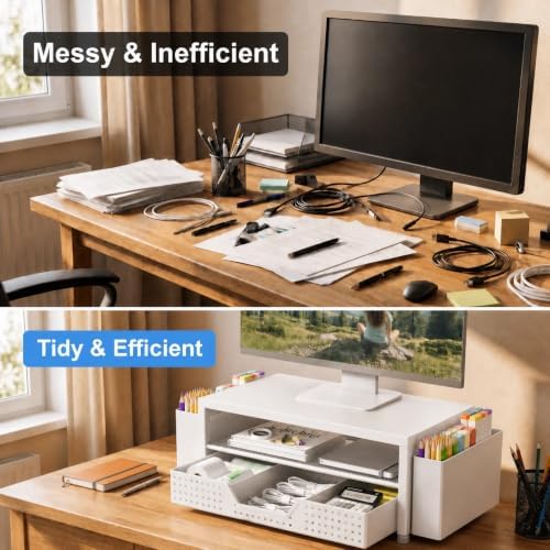 ECOLOVI Desk Organizer and Accessories, 2-Tier Computer Monitor Stand Rise with Storage Drawer & 2 Pen Holders, Laptop & Printer Stand for Desktop, Workspace Organizers for Office Supplies (White)