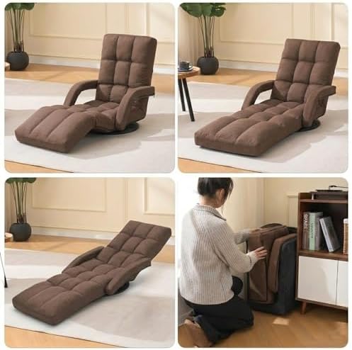360° Swivel Floor Gaming Chair with Adjustable Footrest, 14-Position Folding Floor Lounger Sofa with Armrests, Reclining Floor Chair for Adults, Reading, Gaming & Relaxing (Brown-1)