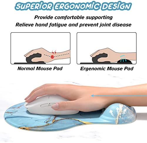 Hsurbtra Ergonomic Mouse Pad with Wrist Rest Support, Gel Mouse Pads with Non-Slip PU Base, Pain Relief Memory Foam Computer Mat, Cute Office Supplies Desk Decro Accessories, Blue Marble