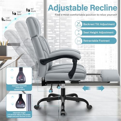 Executive Leather Office Chair, Big and Tall Office Chair with Footrest Home Office Desk Chairs, Ergonomic Computer Desk Chair with Lumbar Support, Reclining Desk Chair with Adjustable Angle
