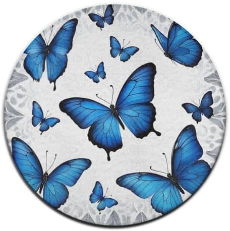 Large Home Decor Mat, Soft Round Yoga Carpet, Non Slip Machine Washable Kitchen Office Circle Rug Beautiful Blue Butterfly