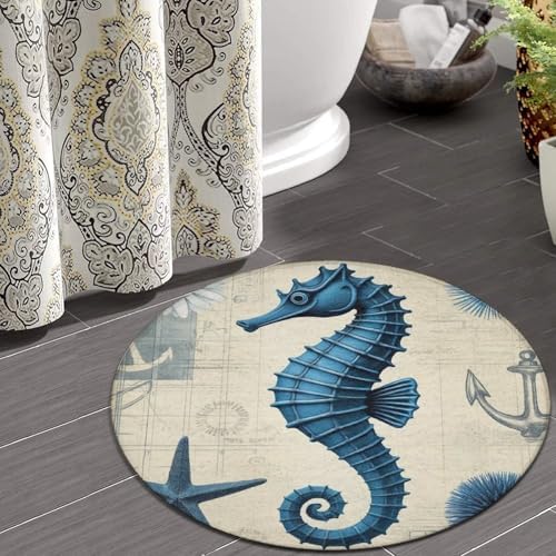Women's Large Home Decor Mat, Soft Round Yoga Carpet, Non Slip Machine Washable Home Office Circle Rug Sea Horse