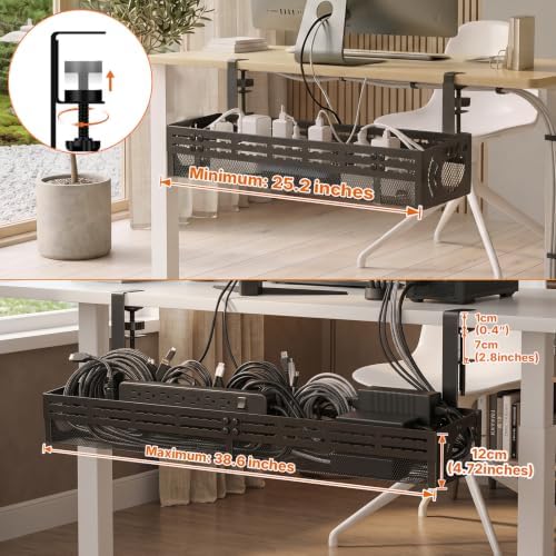 Under Desk Cable Management Tray, 15-25in Retractable Metal Cord Organizer Rack, No Drill Desk Tray with Clamp, Anti-Slip Pads Cable Tray for Home, Office, Gaming, Standing Desks