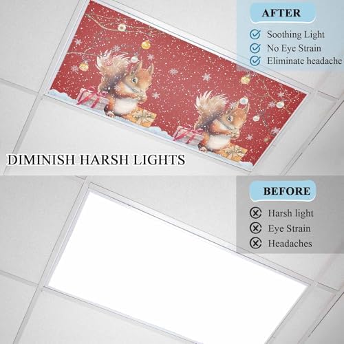 1 Pcs Fluorescent Light Covers for Ceiling Lights,Cute Squirrel Christmas Snowflake on Red,Magnetic Light Filters Drop Fluorescent Lights Shade for Office Xmas Bell on Branch
