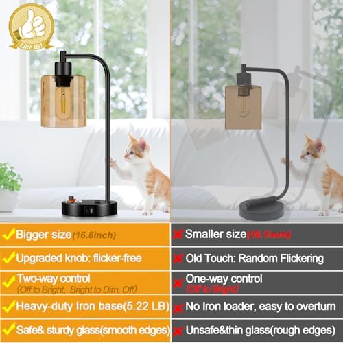 Lynnoland Set of 2 Industrial Table Lamps with USB C+A Ports and Outlet, Black Nightstand Lamps with Amber Glass Shade for Reading Living Room Office (2 LED Bulb)