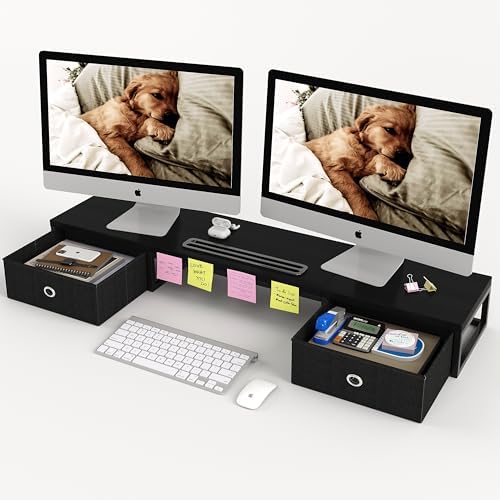 39 Inch Dual Monitor Stand Riser with 2 Drawers - Large Black Wooden Computer Stand for 2 Monitors, Ergonomic Desk Organizer with Phone Holder, Desktop Storage for Laptop, Office Supplies, Home Office