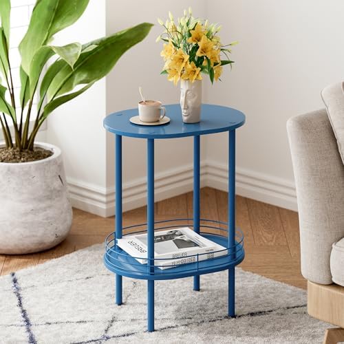 Blue Oval Nightstand Set of 2, Small Modern Round Side Table with Storage