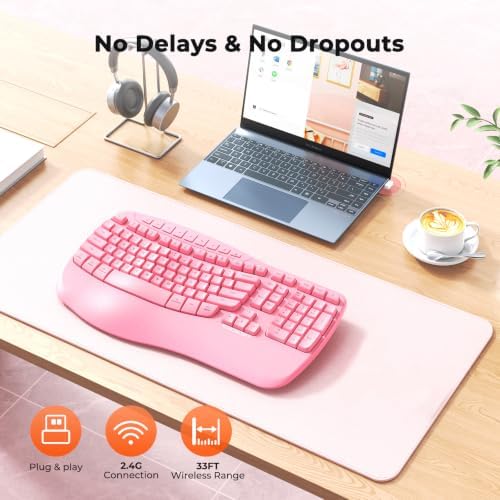 MEETION Wireless Ergonomic Keyboard with Wave Keys and Wrist Rest - Pink