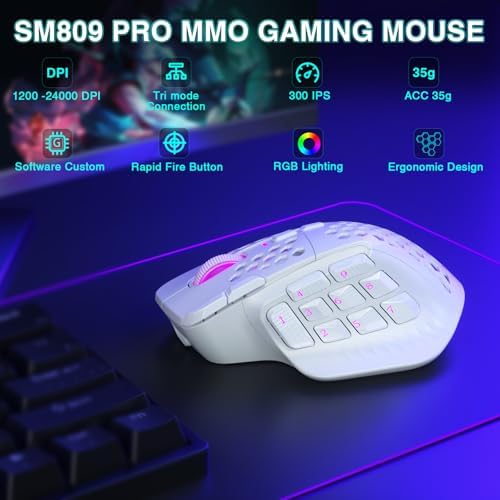 SOLAKAKA SM809 Pro Gaming Mouse with 9 Side Buttons,24000 DPI RGB Mouse for Gamer,16 Programmable Macros MMO Mouse (Wireless, 1-white2)