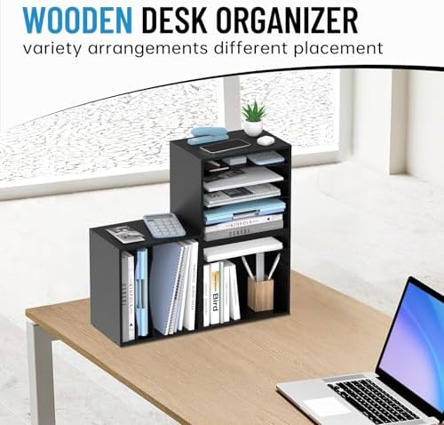 5-Tier Paper Organizer for Desk, Adjustable Mail Organizer, Black