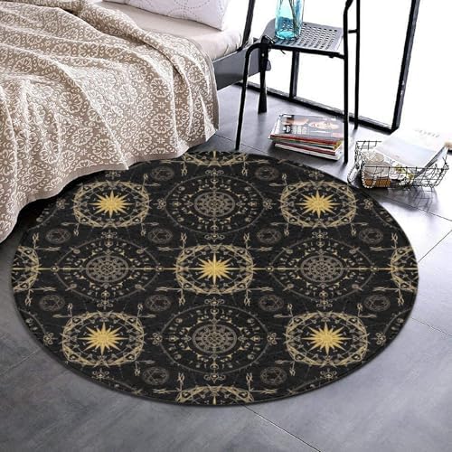 Home Decor Non Slip Kitchen Office Circle Rug, Machine Washable Modern Round Area Rug, Room Sofa Yoga Soft Round Carpet Ancient Viking Vegvisir Art Wind Rose Magic Navigation Gold Compass